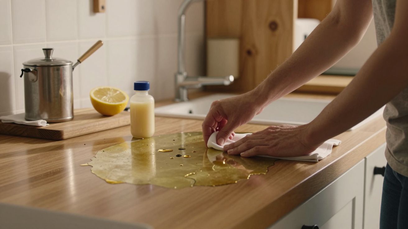 Pessoa limpa derrame de líquido amarelo no balcão de cozinha com pano, limão e produto de limpeza ao lado.
