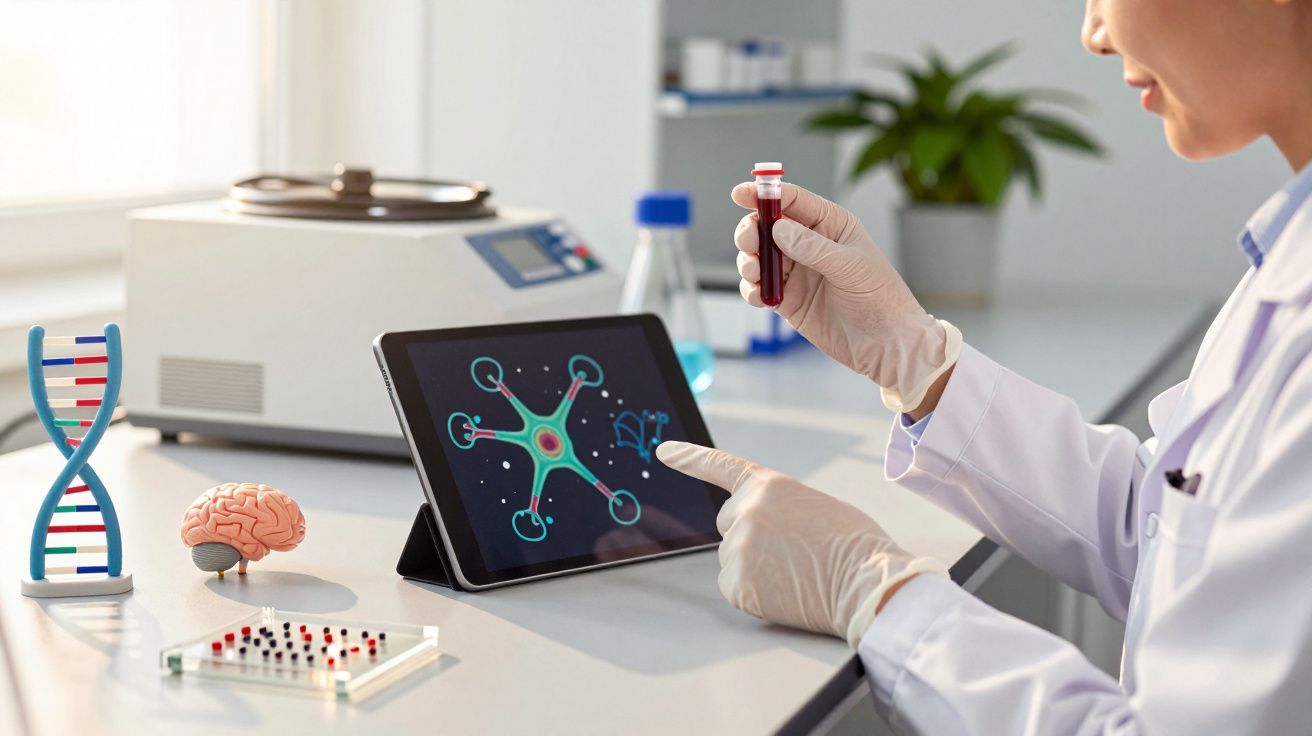 Cientista em laboratório analisa amostra de sangue ao lado de tablet com gráfico científico, modelo de DNA e cérebro.
