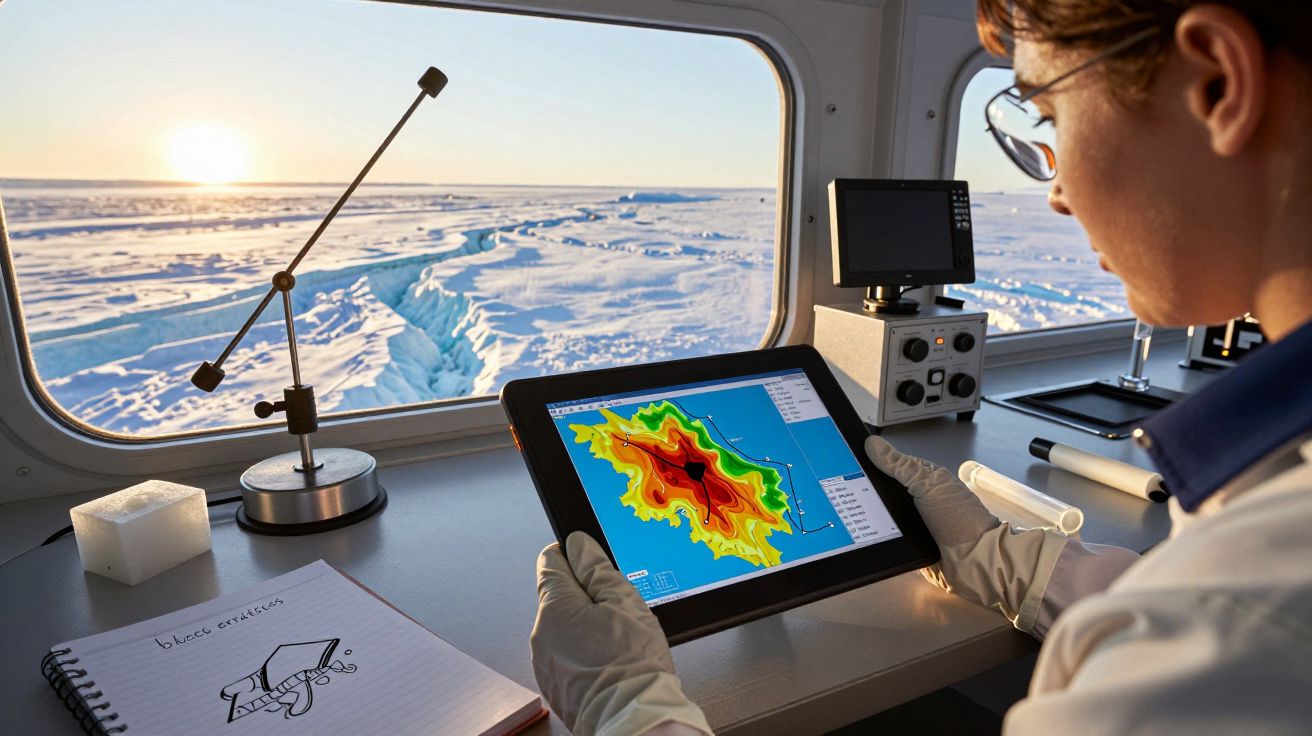 Cientista analisa dados no tablet numa estação polar, com paisagem nevada e fenda ao fundo.