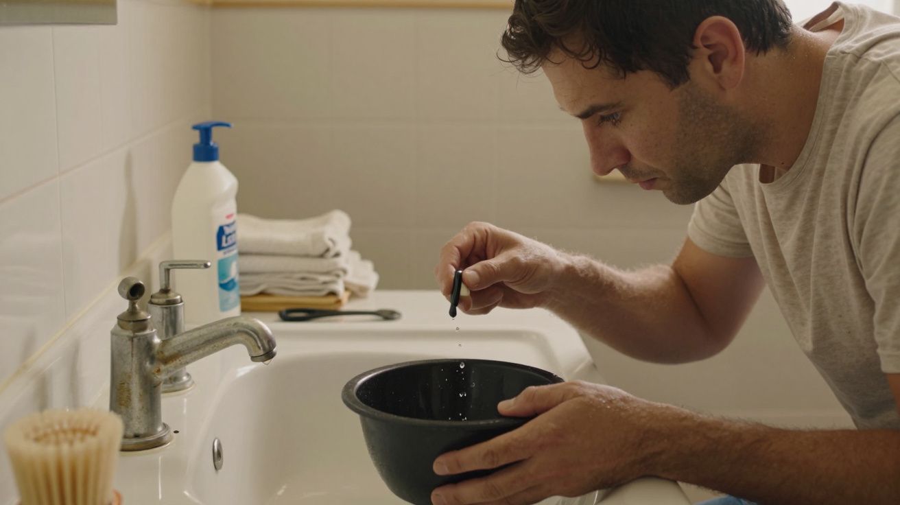Homem com camisa branca, concentrado, goteja líquido de uma pipeta numa tigela preta em casa de banho com lavatório e toalhas