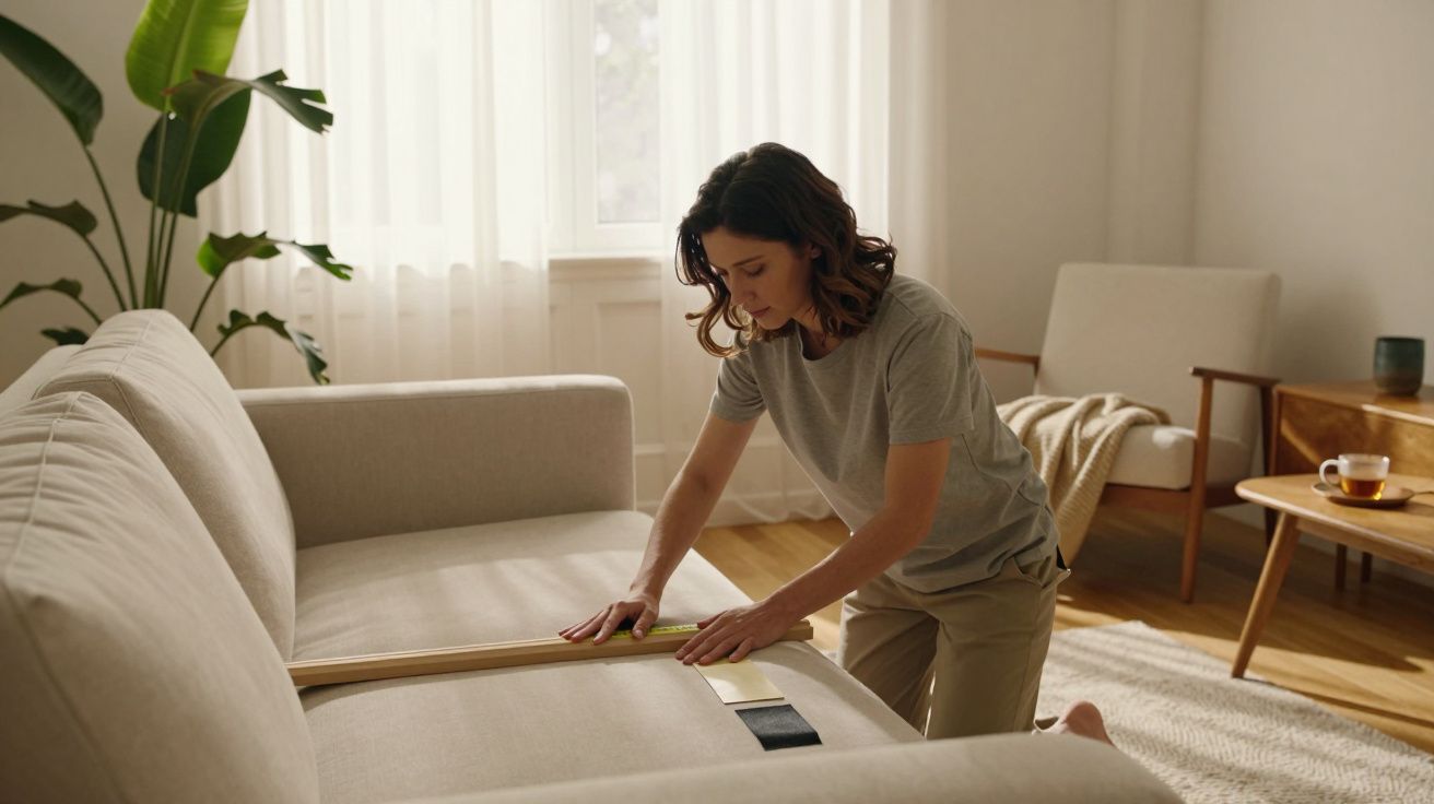 Mulher medindo um sofá bege com uma fita métrica, num ambiente de sala iluminada e moderna.