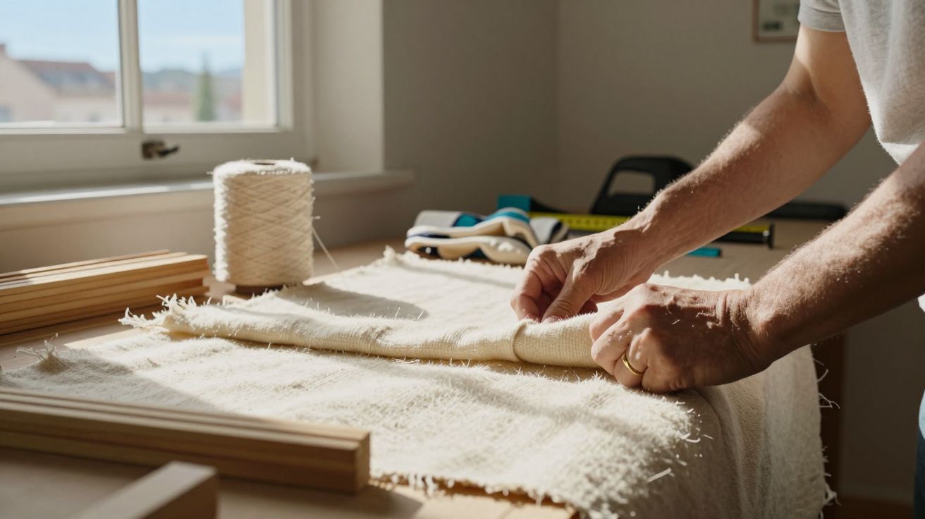 Mãos de pessoa enrolam tecido sobre mesa de trabalho, ao lado de objetos como fio, régua e martelo.