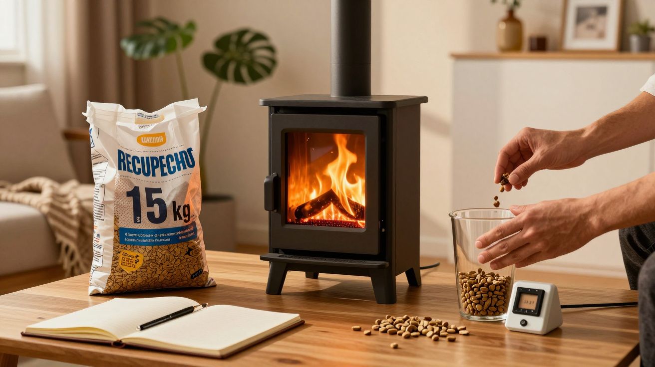 Saco de pellets, caderno e contador ao lado de um fogão a lenha aceso numa sala moderna.