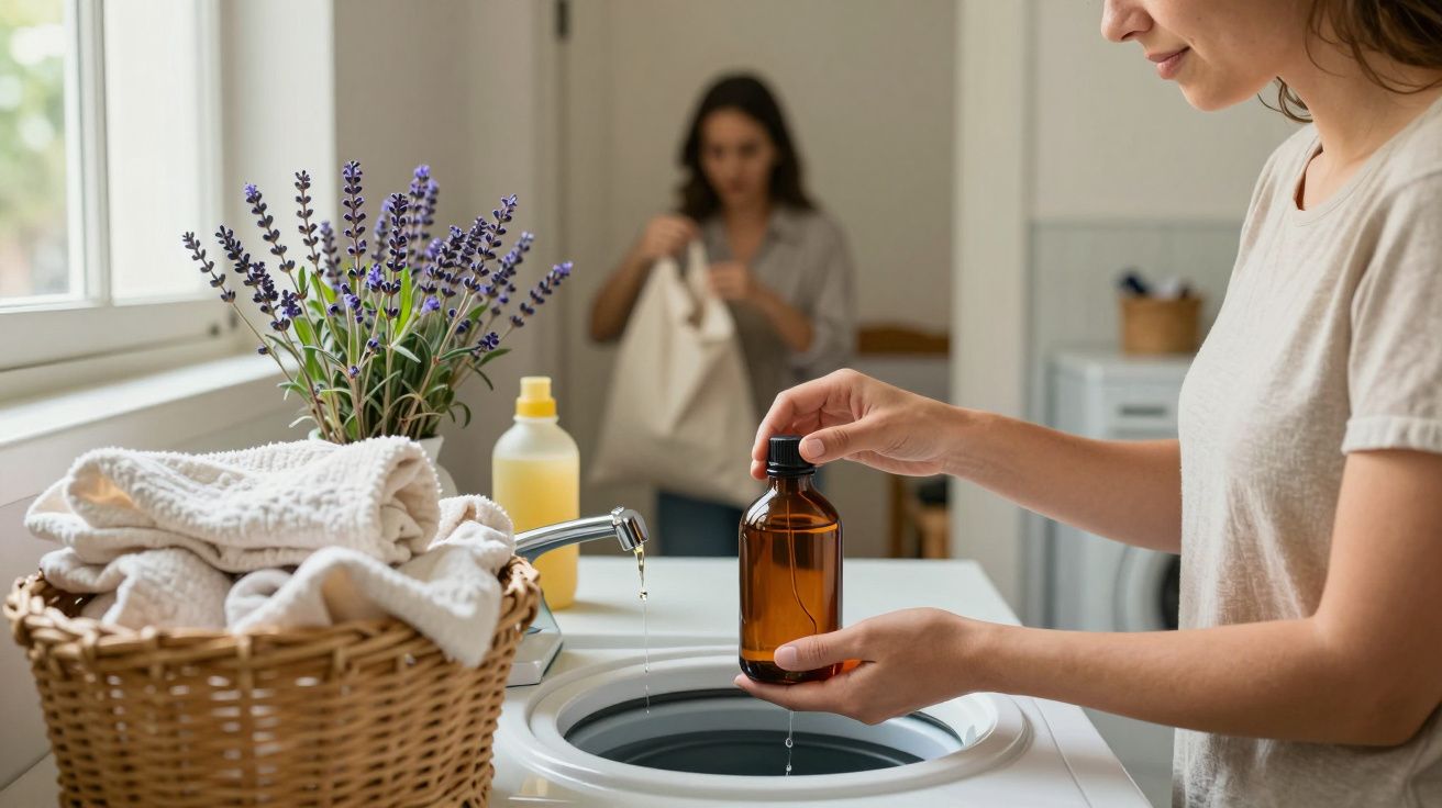 Mulher coloca produto na máquina de lavar roupa, cesta com toalhas e lavanda ao lado. Outra mulher desfoca ao fundo.