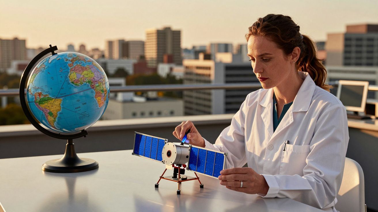 Cientista em bata branca trabalha com modelo de satélite em mesa ao ar livre, próximo a globo terrestre, cidade ao fundo.