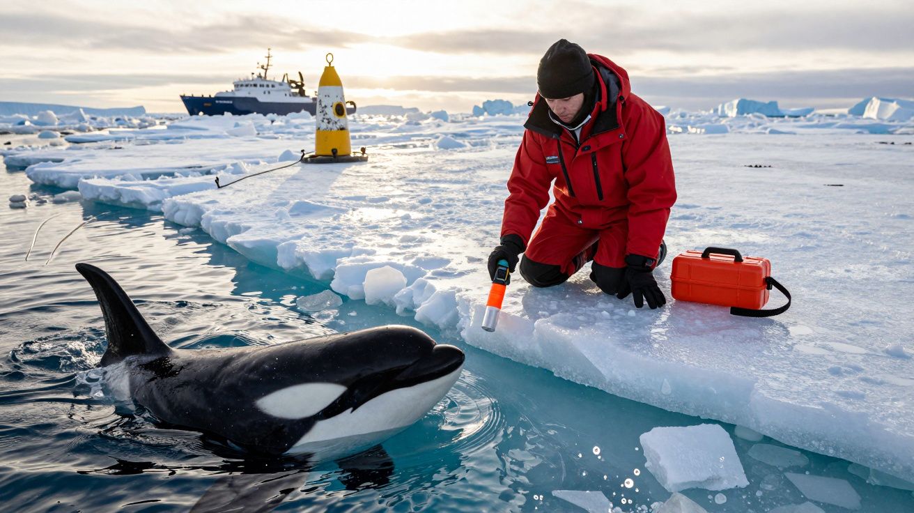 Investigador em traje vermelho interage com orca junto a um bloco de gelo na Antártida, com navio ao fundo.