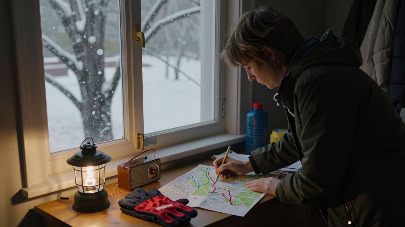 Pessoa desenha num mapa perto da janela durante o inverno. Há uma lanterna, luvas e rádio na mesa. Neve lá fora.