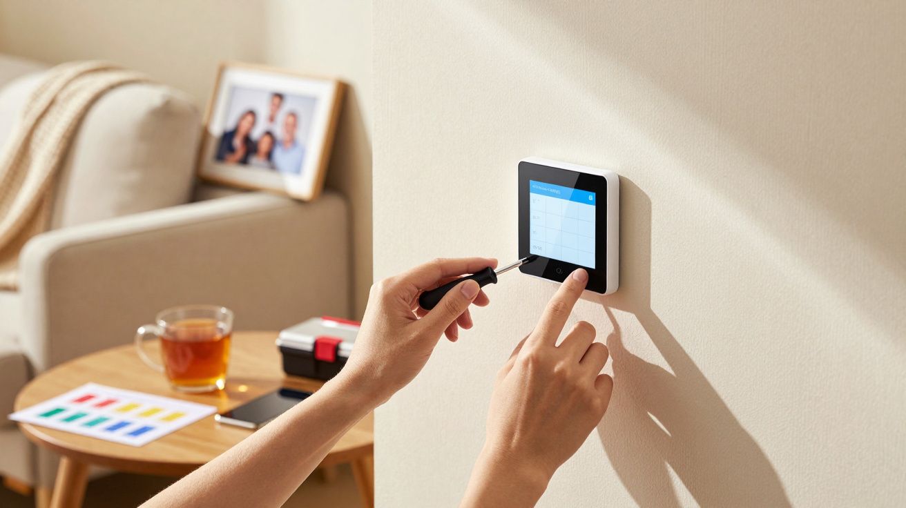 Pessoa ajusta termostato digital numa parede, ao lado de sofá, com chá e fotos em mesa pequena.