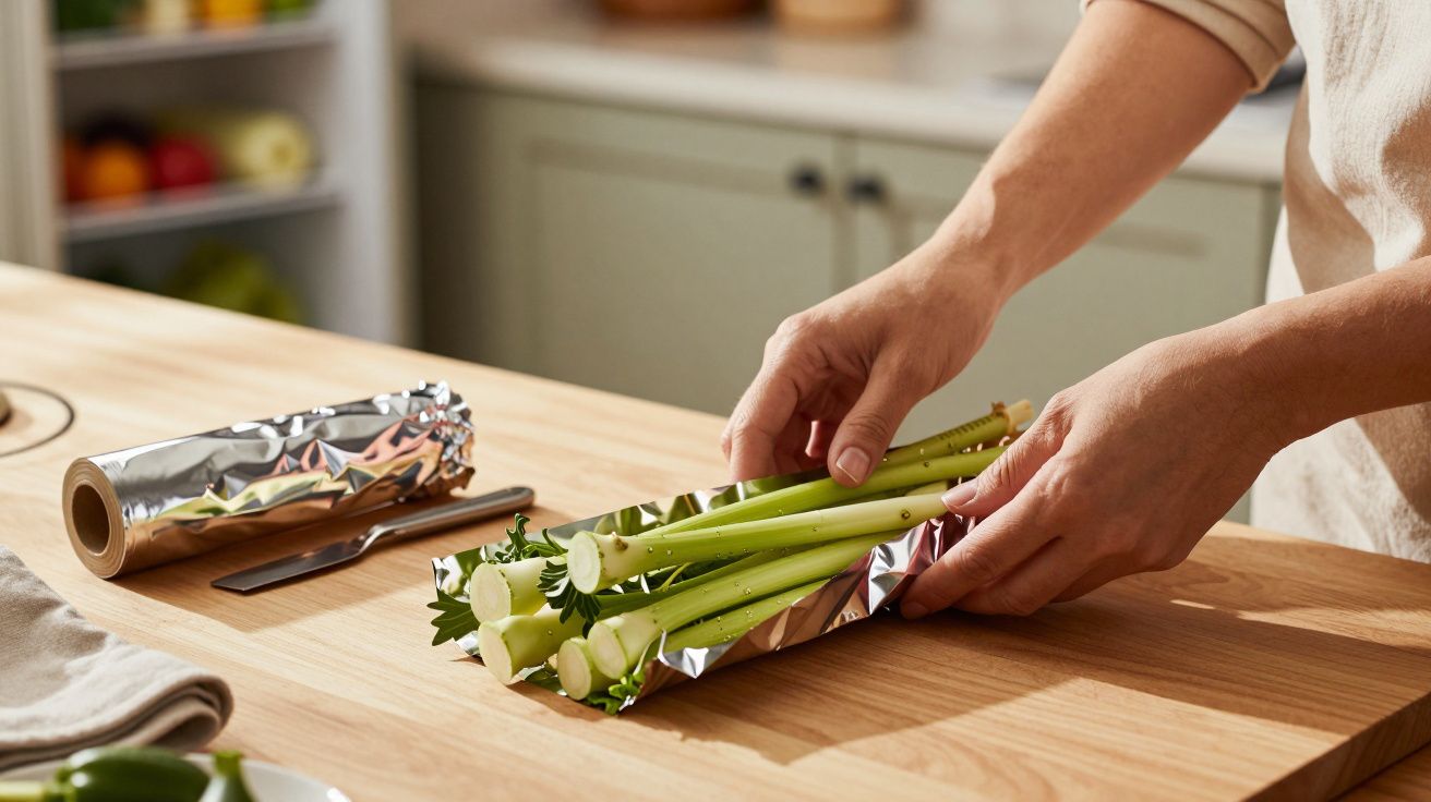 Pessoa a embrulhar talos de aipo com folha de alumínio numa cozinha.