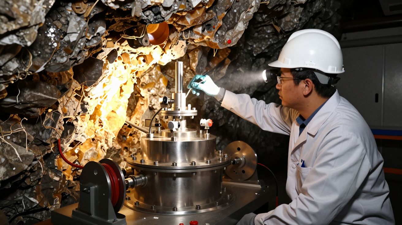 Cientista com capacete analisa equipamento metálico em caverna iluminada.