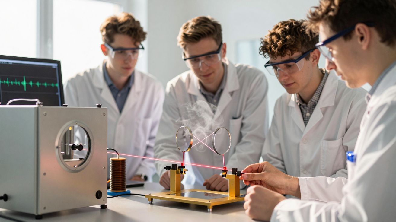 Quatro cientistas observam um experimento com laser em laboratório, usando óculos de proteção e batas brancas.