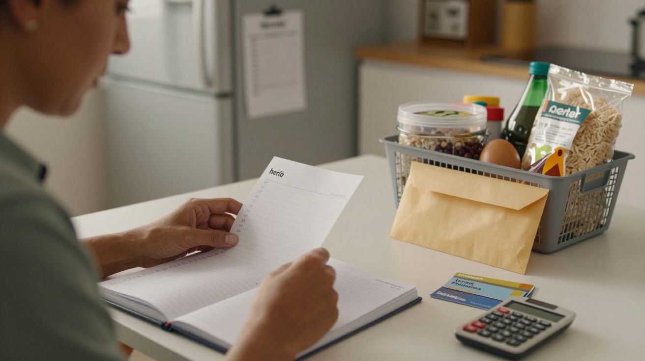 Pessoa sentada à mesa com um caderno, calculadora, cartões e cesto com mantimentos.