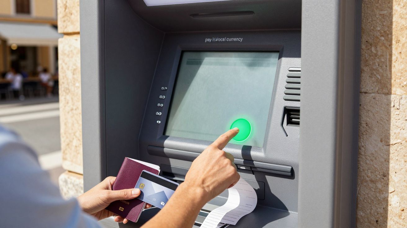Pessoa a usar multibanco, pressionando botão no ecrã com documentos na mão. Tela mostra opção de "Pagar em moeda local".