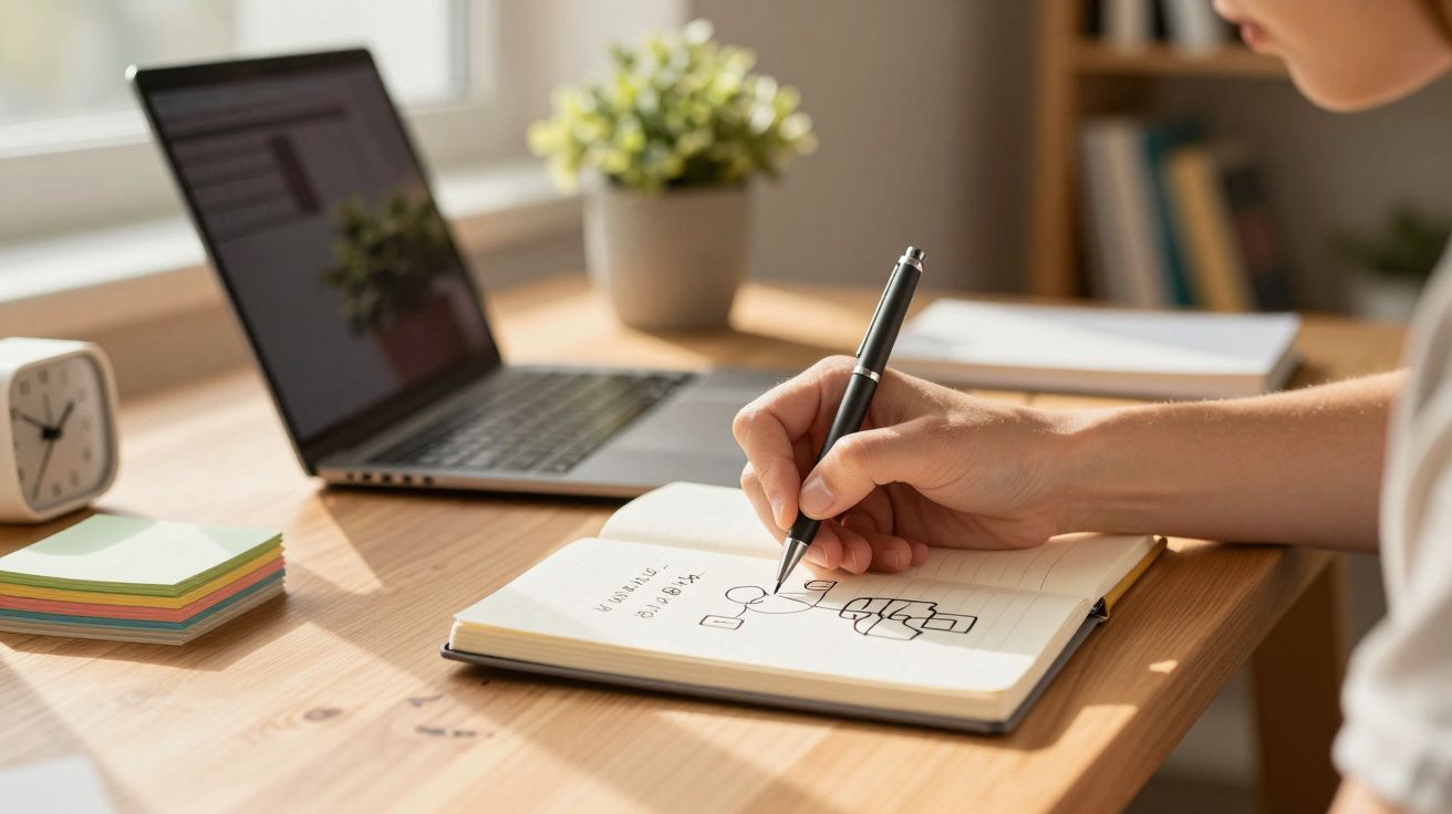 Pessoa escreve num caderno com esboço, ao lado de um portátil numa secretária de madeira.