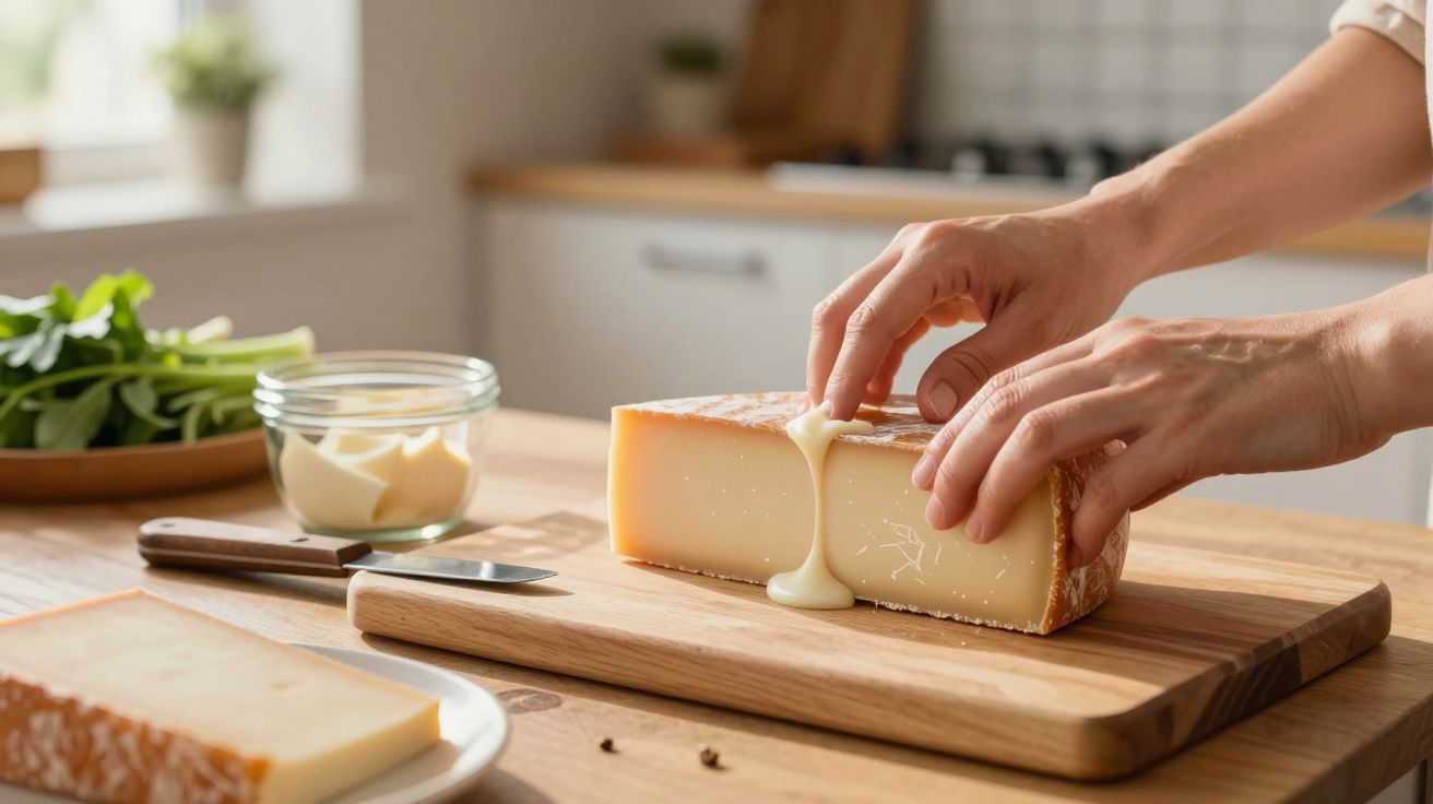 Mãos cortando queijo cremoso sobre tábua de madeira na cozinha, com facas e vegetais ao redor.