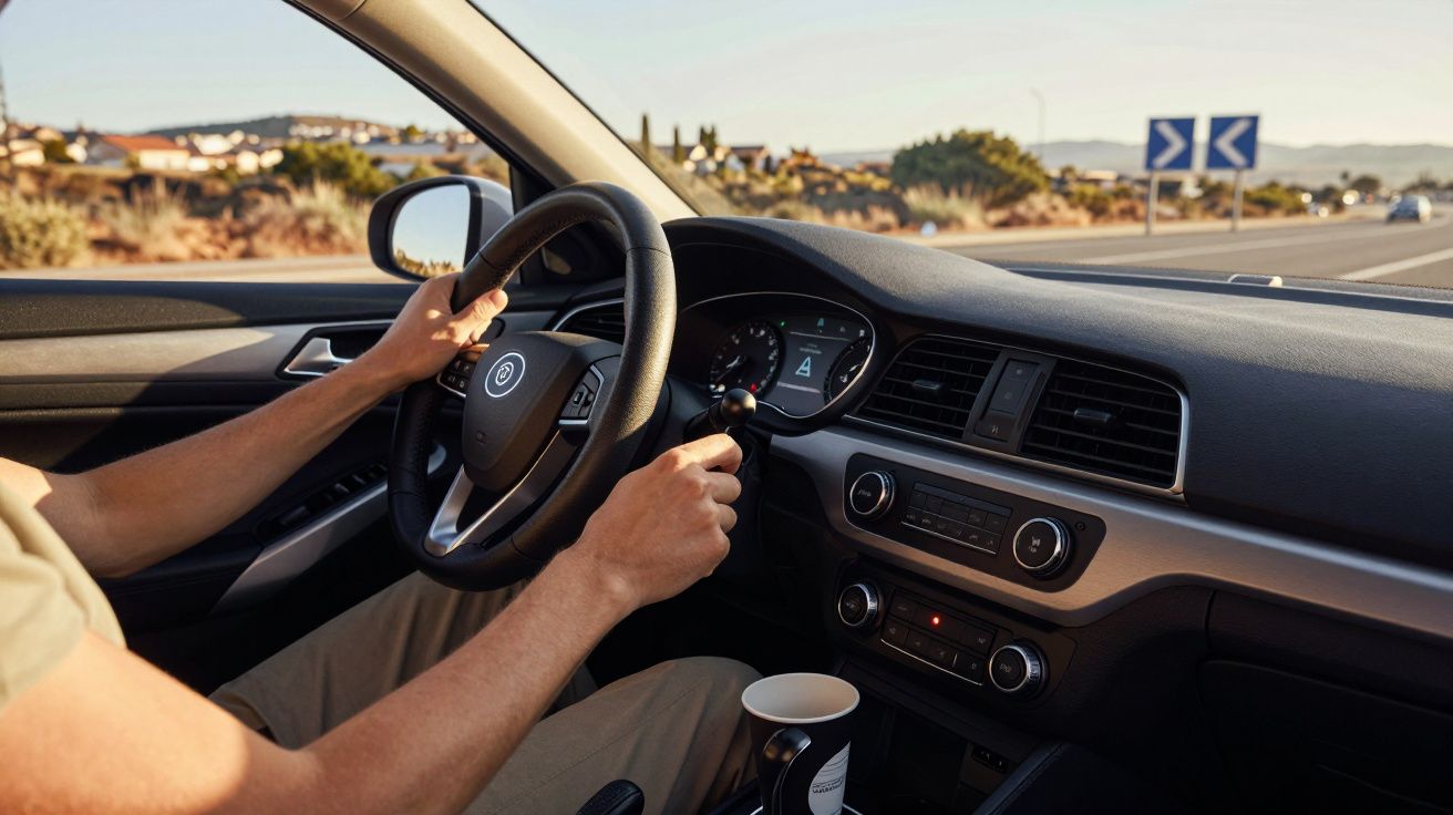 Pessoa a conduzir carro numa estrada, painel de controlo visível, horizonte com árvores e casas ao fundo.