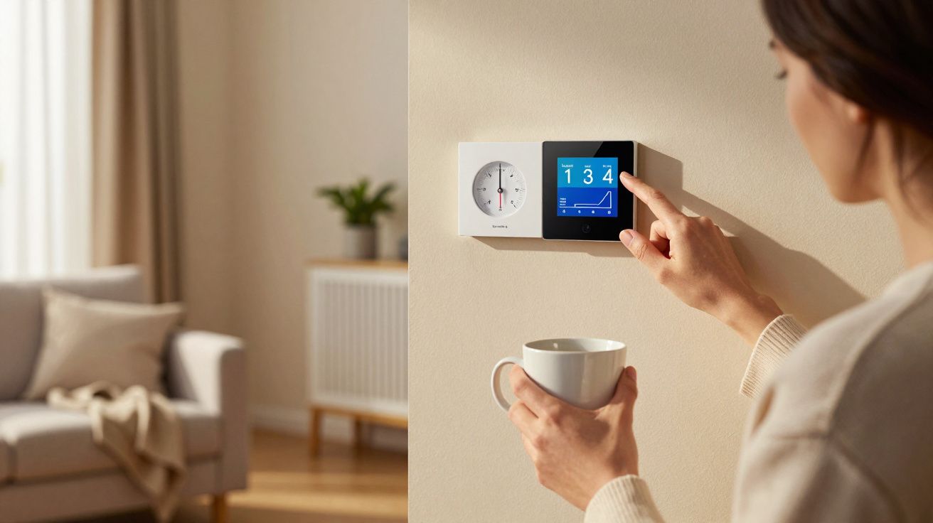 Mulher ajusta termostato digital enquanto segura uma chávena, num ambiente acolhedor de sala de estar.