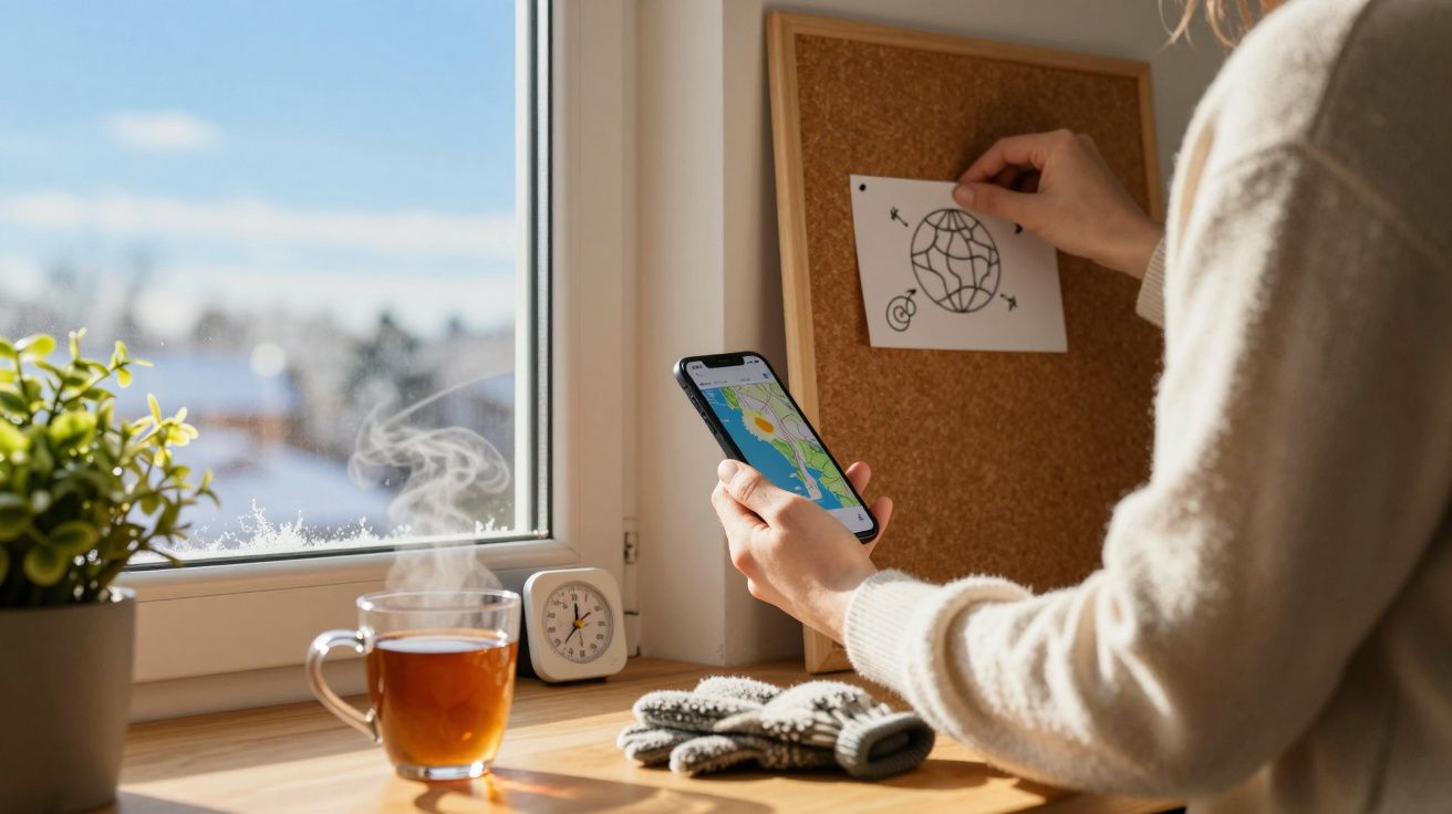 Pessoa segurando smartphone com mapa junto a janela e tabuleiro de cortiça, chá quente e luvas na mesa.