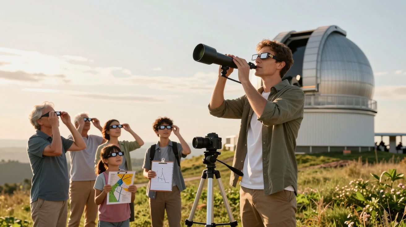 Grupo de pessoas com óculos especiais observa o céu junto a um observatório, usando binóculos e câmara fotográfica.