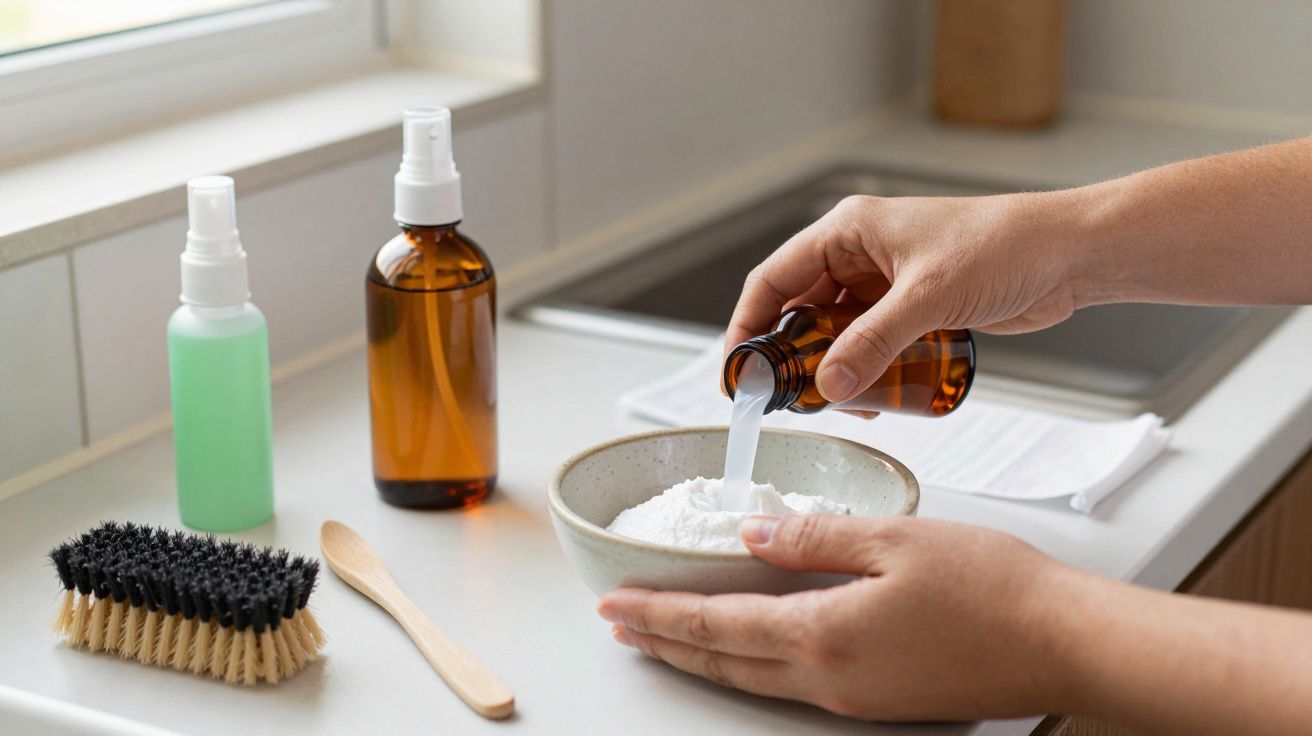 Mãos despejando líquido em pó branco numa tigela, com garrafas, escova e colher de madeira ao lado, em bancada de cozinha.