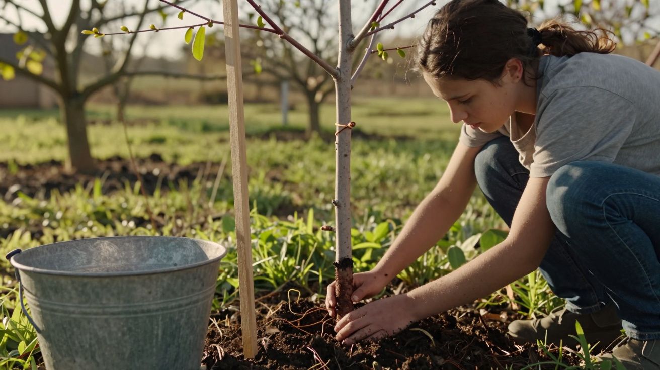 Jovem plantando uma árvore em terreno, ao lado de um balde de metal e cercada por vegetação.