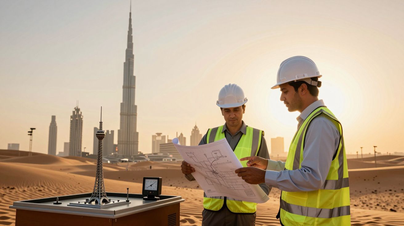 Dois engenheiros analisam plantas em deserto, com maquete da Torre Eiffel e arranha-céus no fundo.