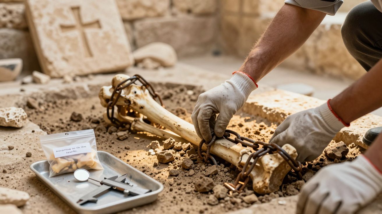 Arqueólogo usando luvas examina ossos acorrentados num sítio de escavação com objetos ao lado em tabuleiro.