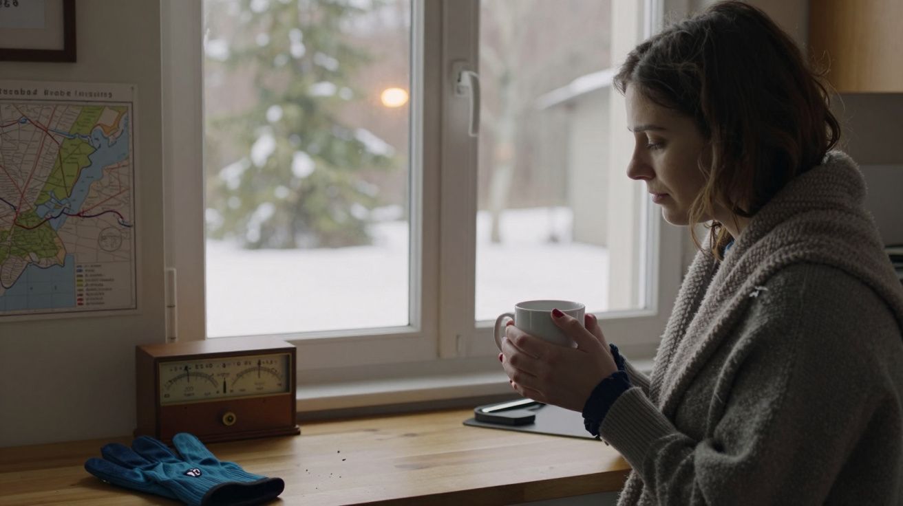 Mulher segura uma chávena junto à janela, olhando para fora. Luvas azuis e rádio antigo sobre a mesa de madeira.