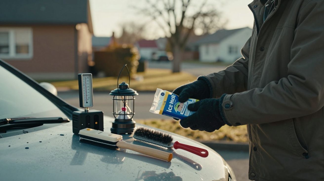 Pessoa em pé junto ao carro com escova, lanterna e termómetro sobre o capô em ambiente residencial.