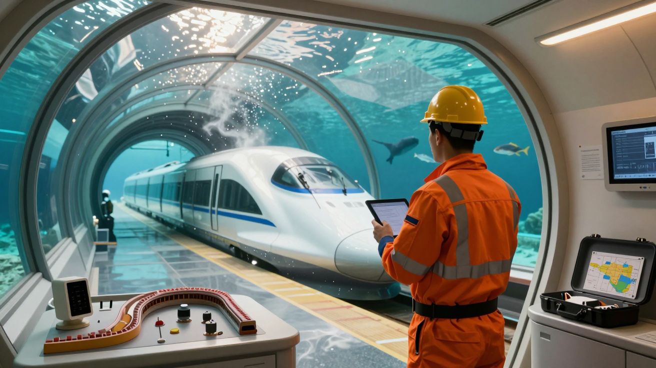 Engenheiro supervisiona comboio futurista em túnel subaquático, rodeado por água e peixes.