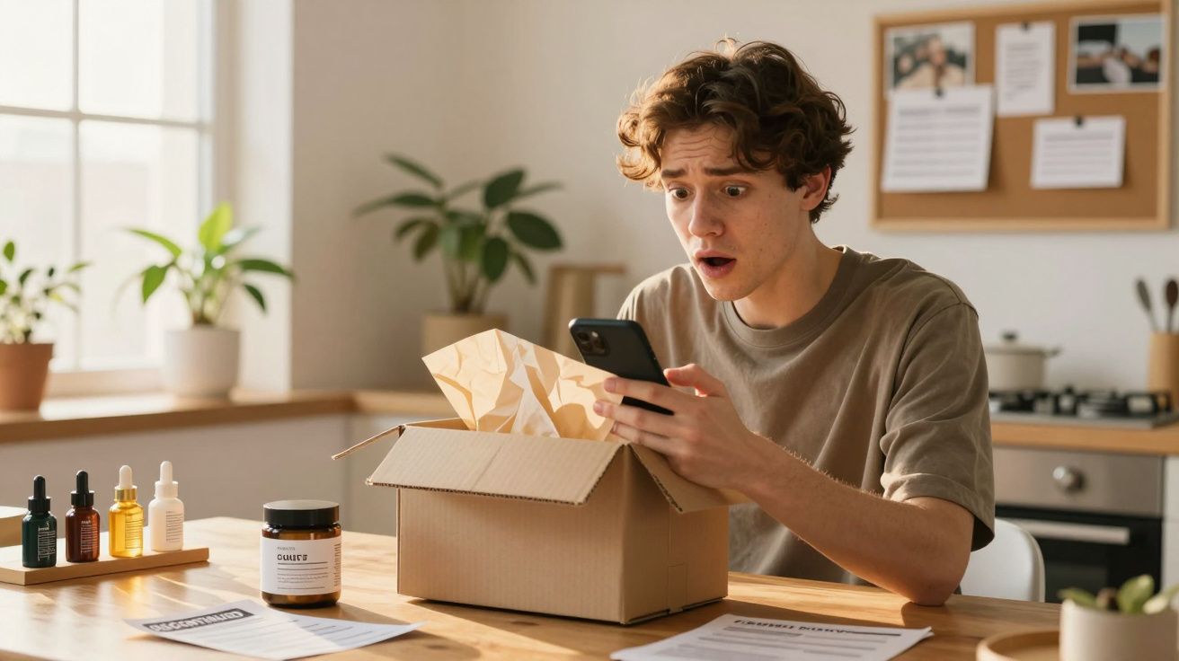 Homem surpreso olhando para o telemóvel ao abrir uma caixa em casa, com plantas e produtos em torno.