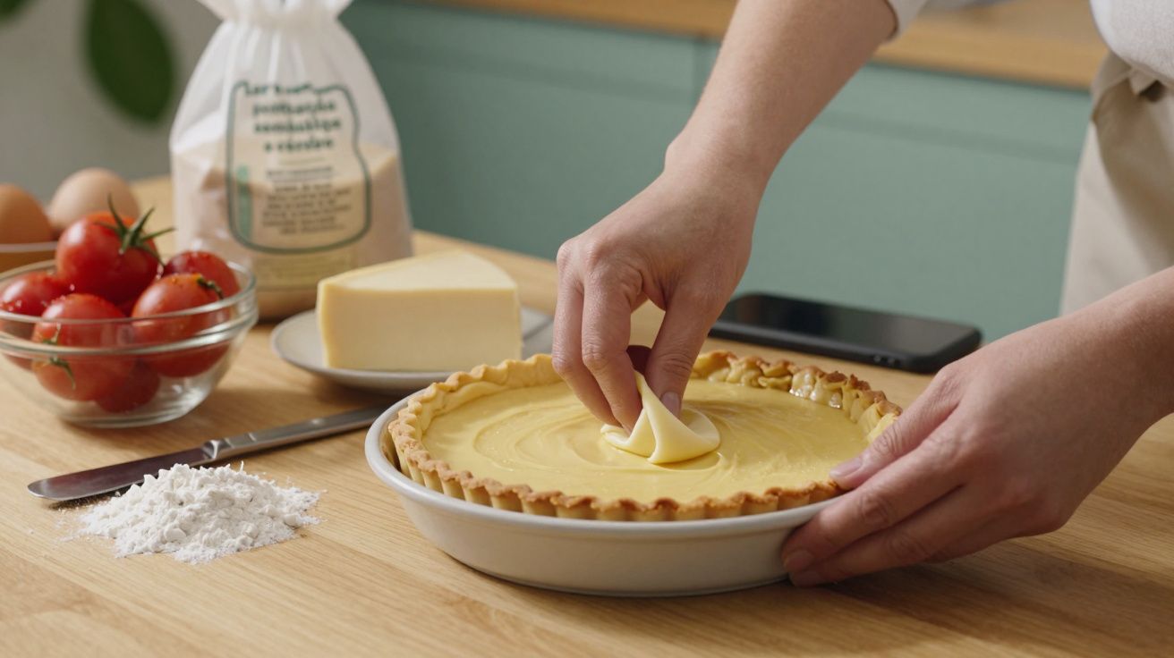 Mãos decoram uma tarte com massa. Ao lado, tomates, queijo, farinha e ovos numa bancada de madeira.