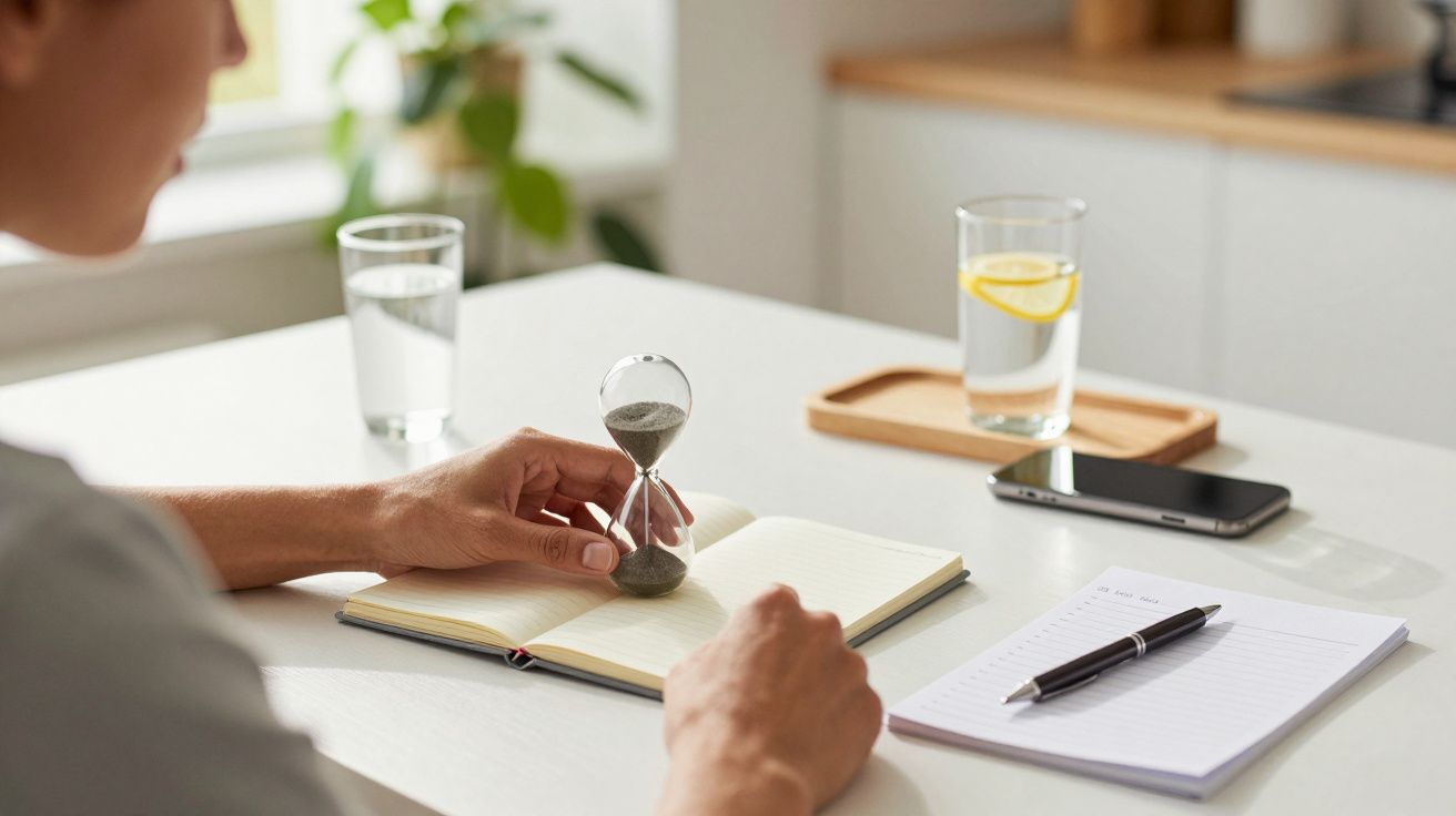 Pessoa segura uma ampulheta sobre um caderno numa mesa com copo de água, bloco de notas e telemóvel.