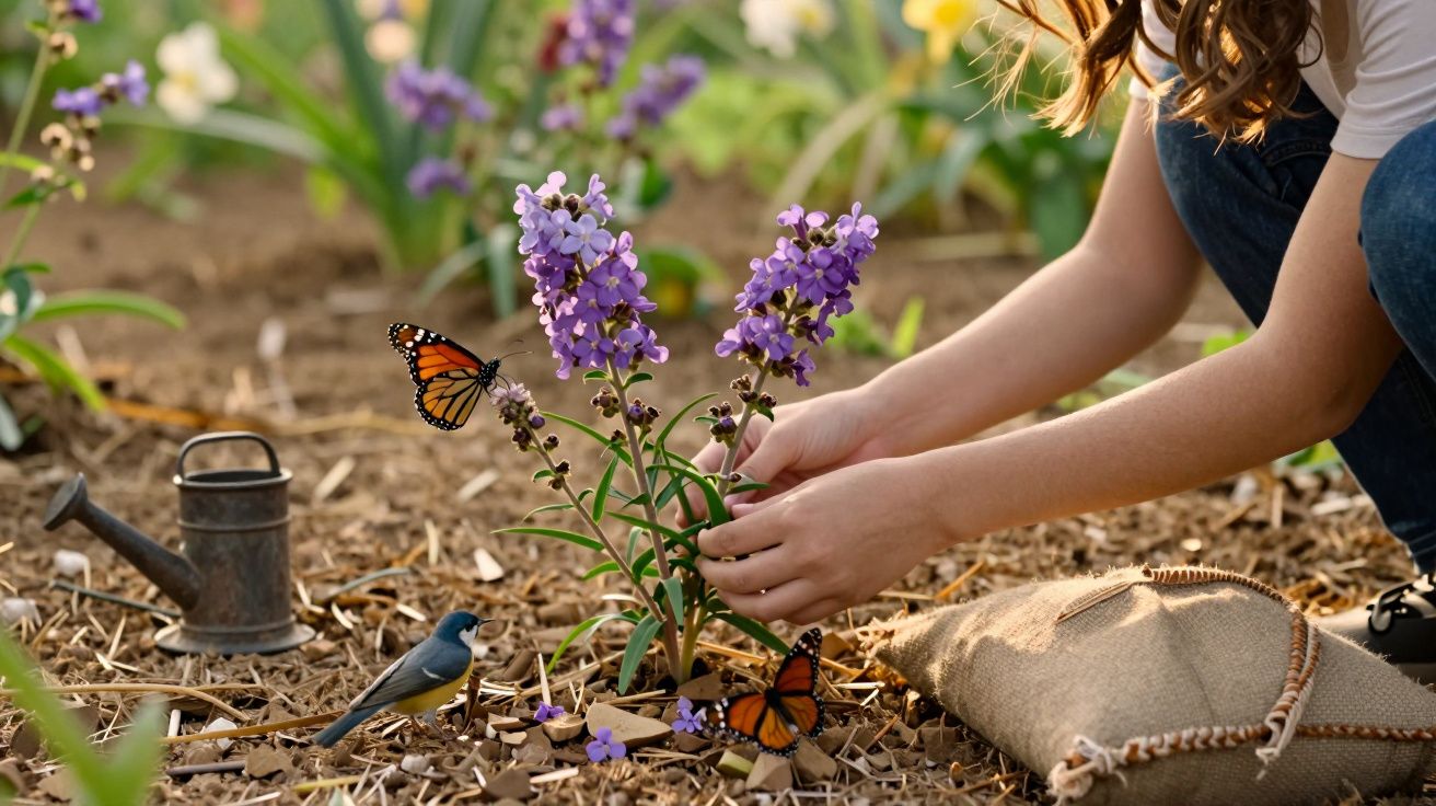 Pessoa a jardinar, cuidando de flores roxas, borboletas laranja e um regador ao lado, num jardim ensolarado.