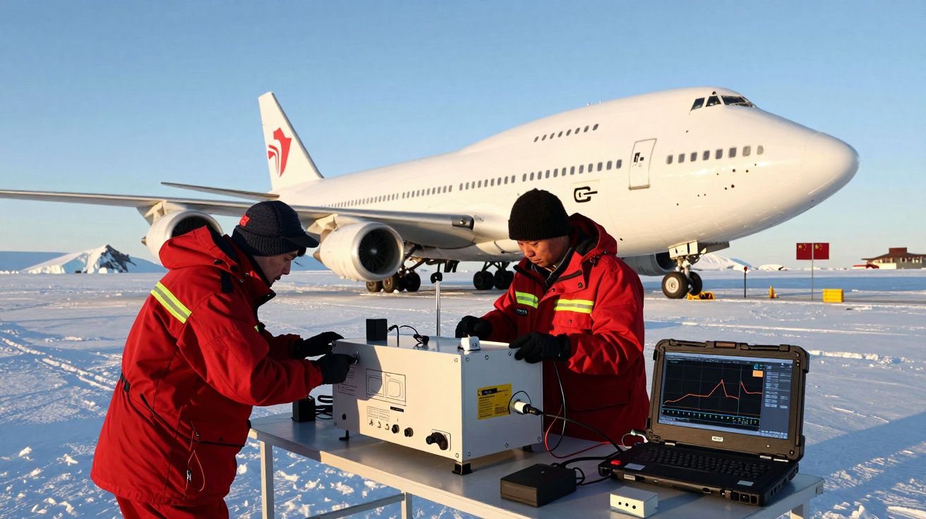 Dois técnicos em casacos vermelhos trabalham num equipamento junto a um avião estacionado na neve.