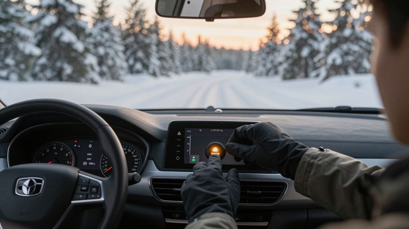 Condutor ajusta o GPS num carro, dirigindo por uma estrada nevada cercada de árvores cobertas de neve.
