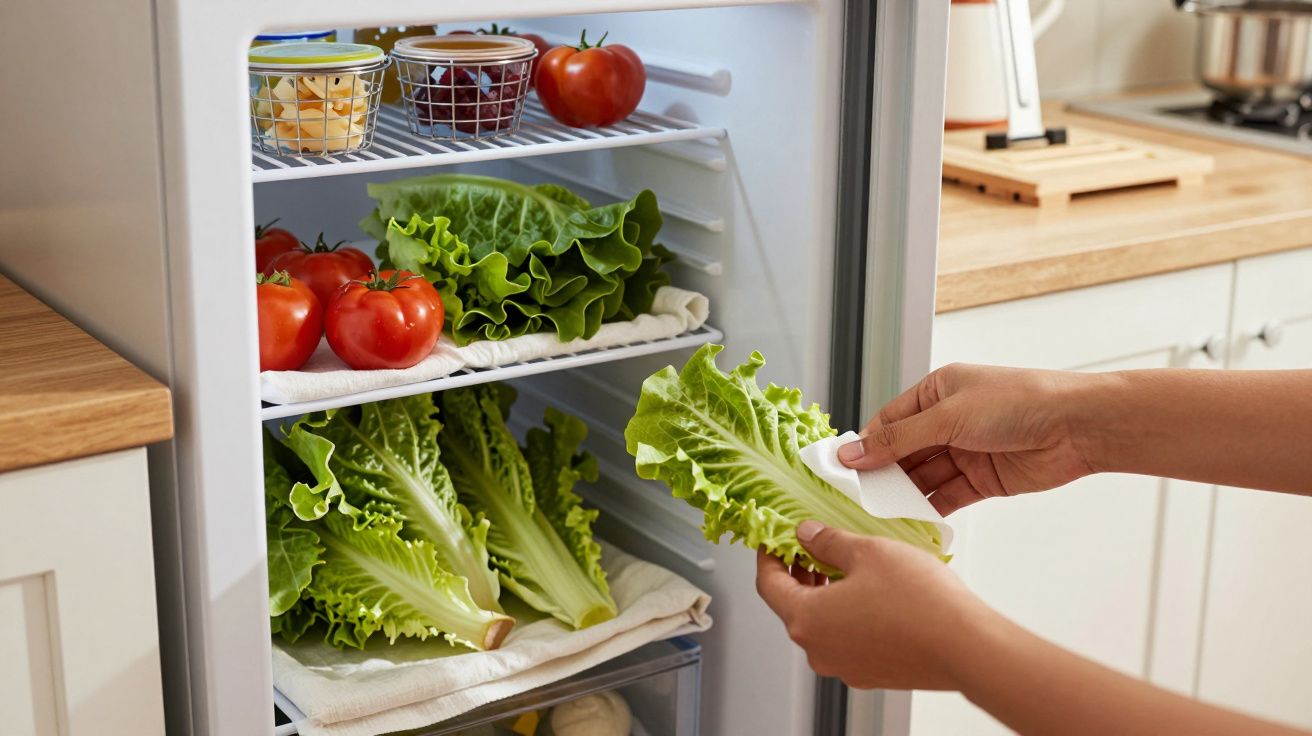 Pessoa a guardar alface no frigorífico com prateleiras cheias de legumes frescos.