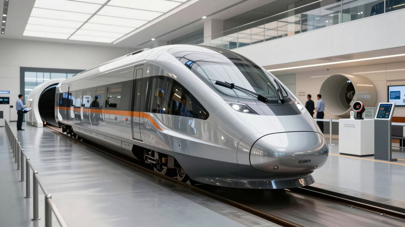 Comboio de alta velocidade prateado numa sala de exposição moderna, com pessoas ao fundo observando.