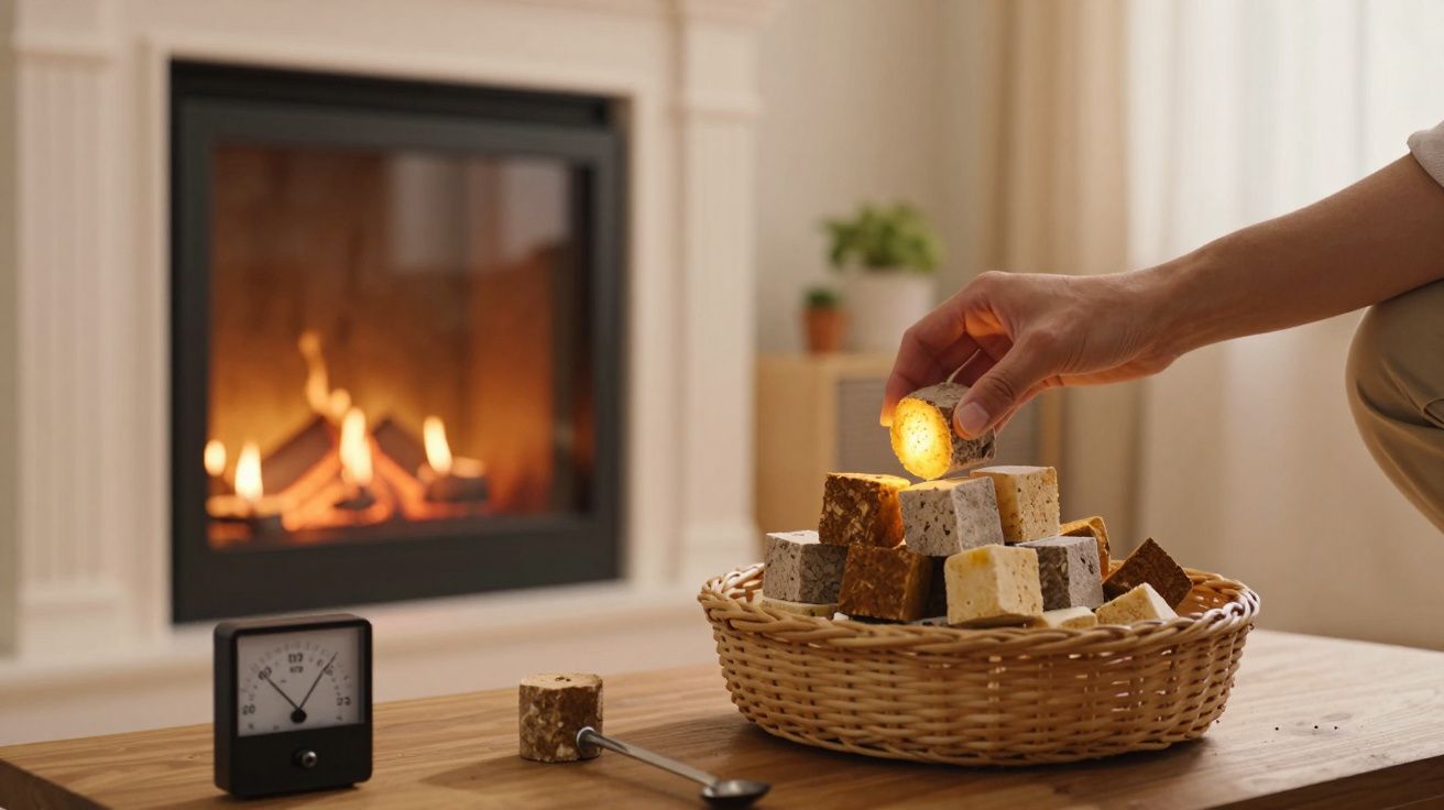 Mão segurando cubo de açúcar sobre cesto perto de lareira acesa, com relógio e colher na mesa.
