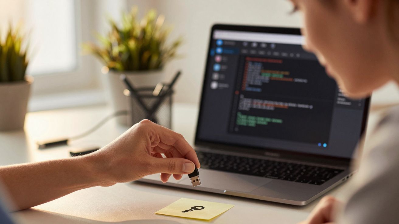Pessoa segura pen drive frente a portátil com código, sobre secretária com plantas e post-it com imagem de chave.