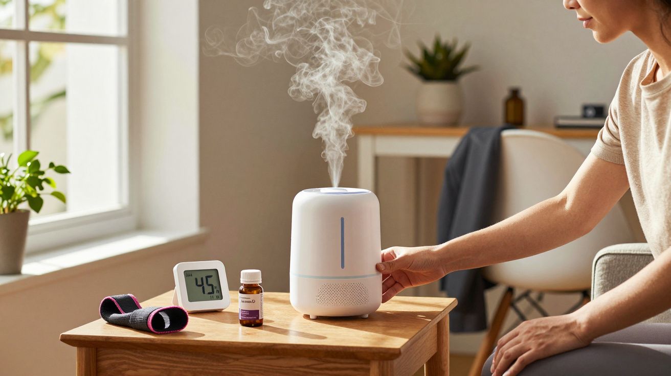 Mulher ajusta humidificador sobre a mesa, ao lado de um termómetro e frasco, numa sala iluminada.