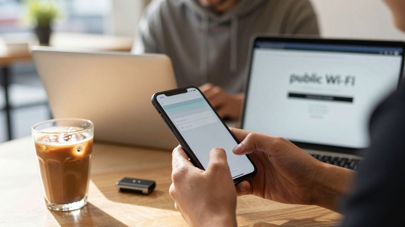 Pessoa segurando smartphone, outra usando portátil num café com café gelado na mesa.