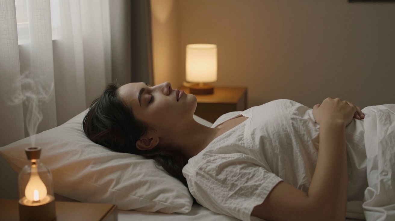 Mulher deitada numa cama branca numa sala com luz suave e um difusor a vapor ao lado.