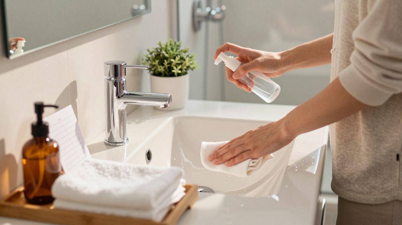 Pessoa a limpar um lavatório com spray desinfetante e pano branco, com toalhas e saboneteira ao lado.
