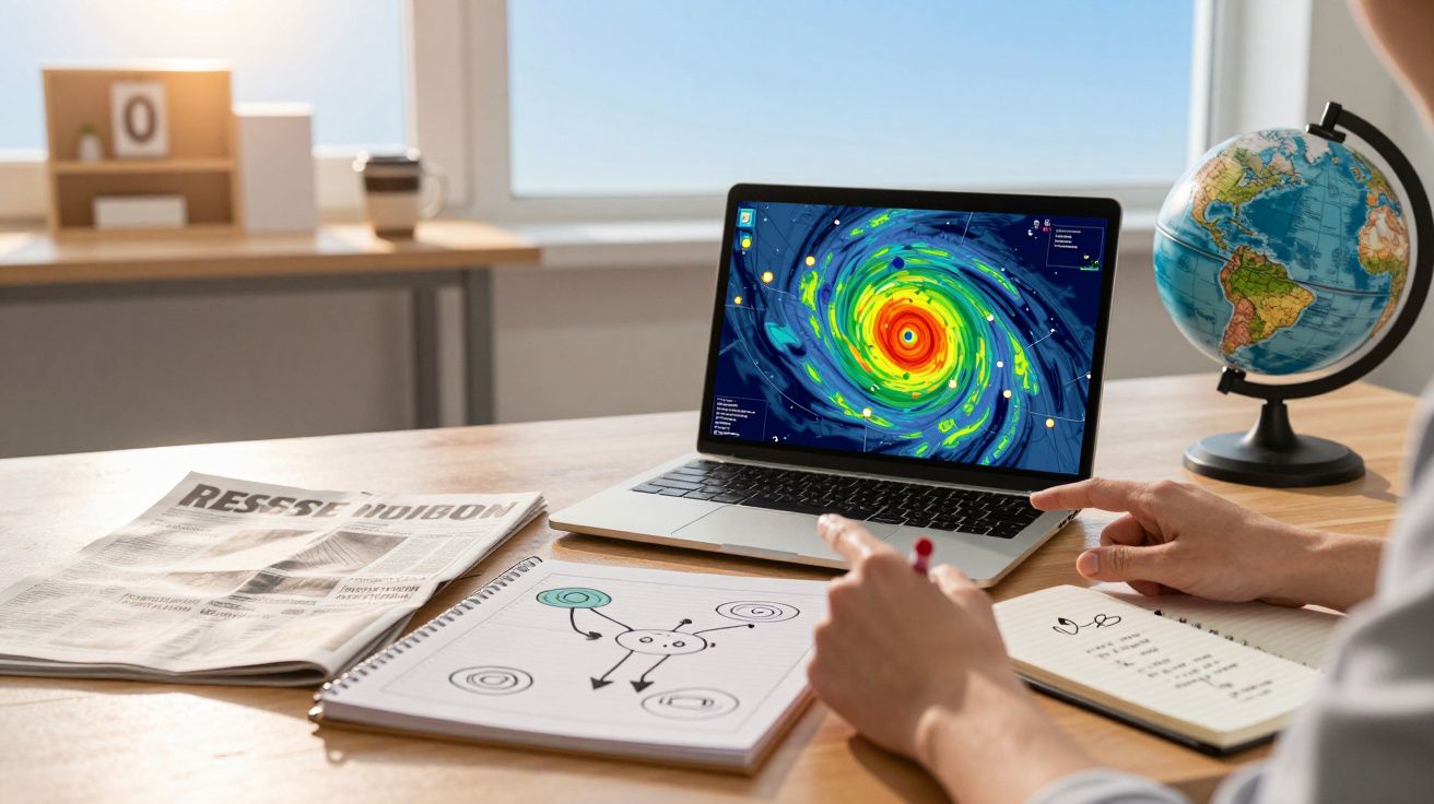 Pessoa analisa mapa de ciclone num laptop, com caderno, caneta e globo terrestre sobre a mesa.