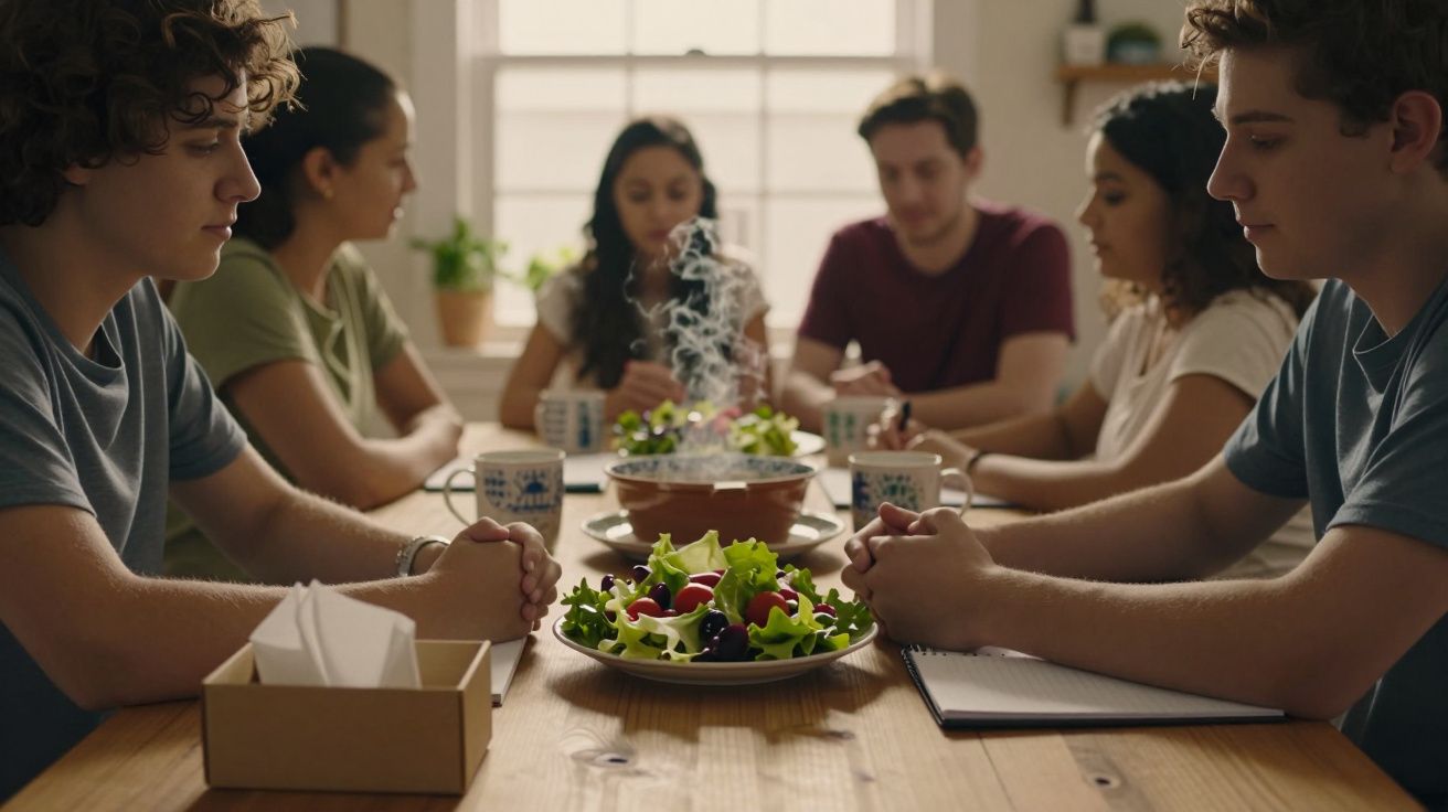 Grupo de jovens sentados à mesa com prato de salada e chávenas de café, conversando num ambiente descontraído.