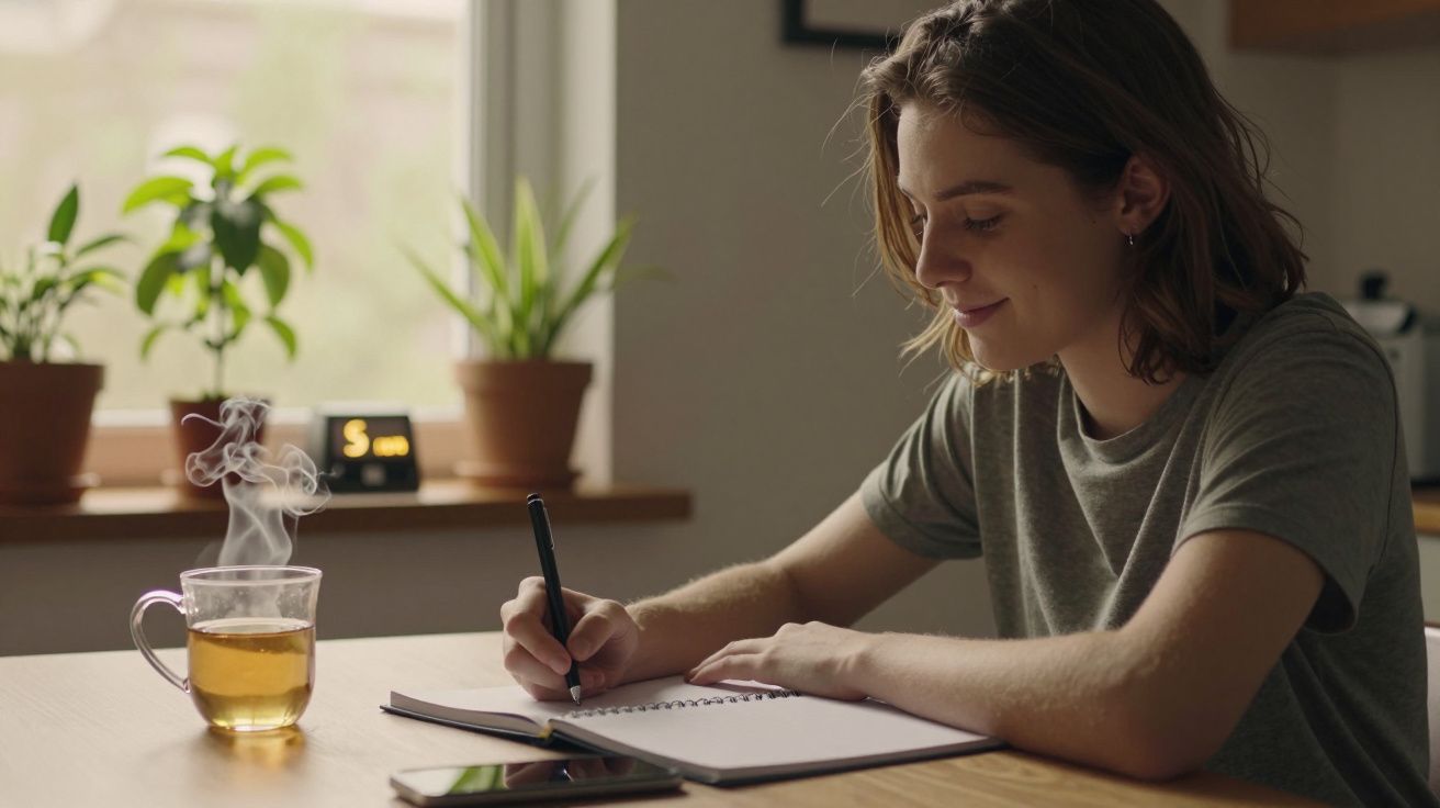 Mulher a escrever num caderno com uma chávena de chá ao lado, plantas ao fundo.