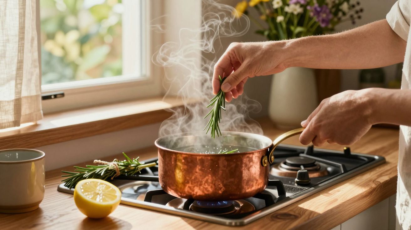 Pessoa adiciona alecrim a uma panela de cobre a ferver num fogão, com uma fatia de limão ao lado.