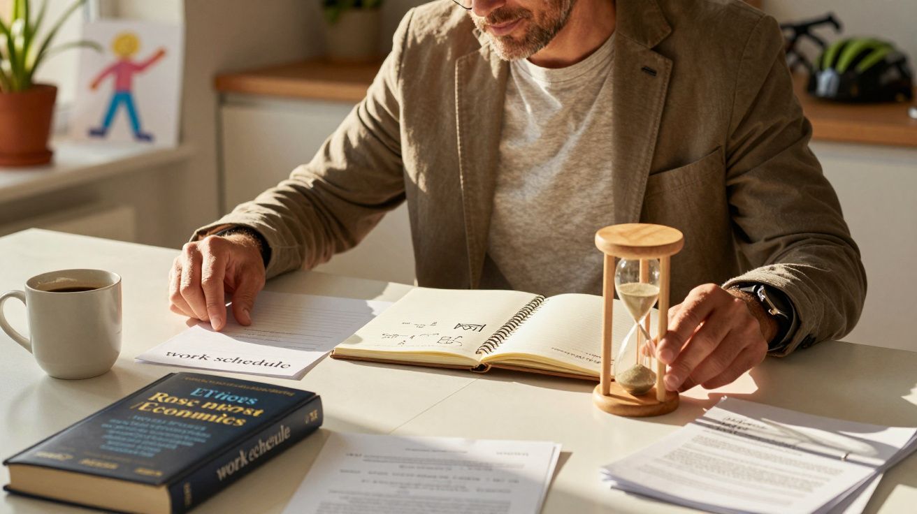 Homem em mesa de escritório com documentos, livro aberto, xícara de café e ampulheta.