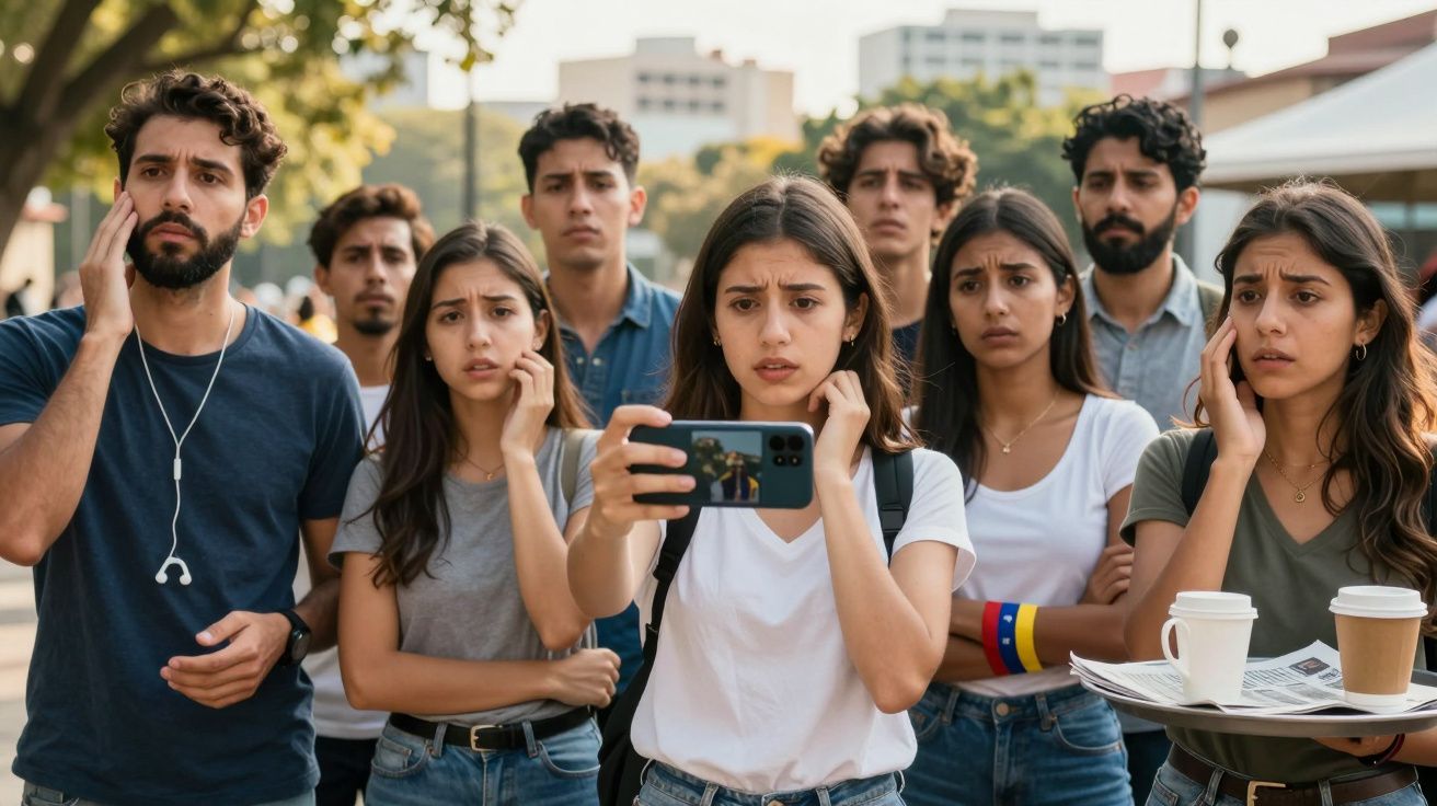 Grupo de jovens preocupados a olhar para um telemóvel, ao ar livre, num parque urbano.